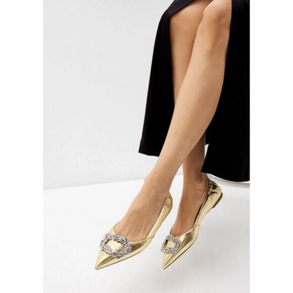 Rupert Sanderson Crystal Buckle Ballet Flats Platinum Nappa Gold Size 38 - Picture 1 of 11
